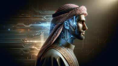 A stylized portrait of a man in traditional Middle Eastern attire, his face overlaid with glowing circuit board patterns, suggesting a fusion of culture and technology.