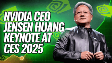 Jensen Huang, NVIDIA CEO, delivers a keynote speech at CES 2025. Green graphics and charts are in the background.