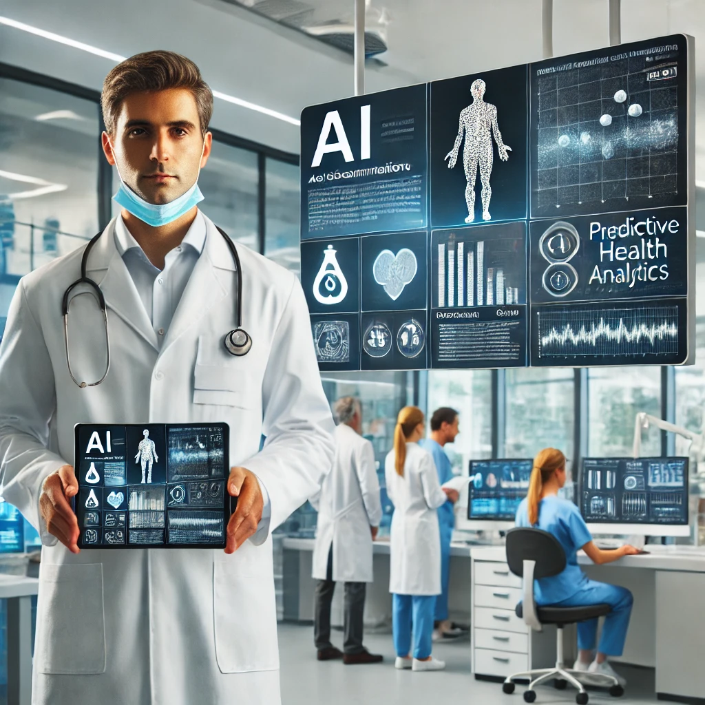 A modern hospital setting with a doctor in a white coat holding a tablet that displays an AI-generated patient treatment plan. The tablet screen shows charts, recommendations, and patient data. In the background, lab technicians review data on large wall-mounted screens showcasing AI-driven diagnostics, predictive health analytics, and visualized medical data. The environment is bright, clean, and equipped with advanced medical technology, emphasizing the integration of AI in healthcare today.