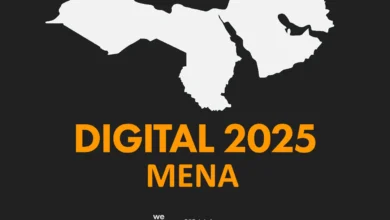 White outline of the MENA region on a black background with 'DIGITAL 2025 MENA' in orange text.