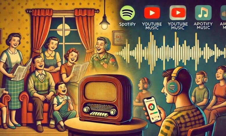 A vibrant illustration compares 1950s family radio listening with modern streaming music. Sound waves connect both eras.