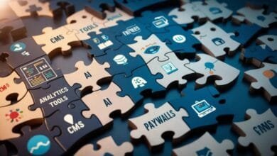Jigsaw puzzle pieces represent various tech components like AI, CMS, analytics tools, and paywalls, illustrating a complex tech stack.
