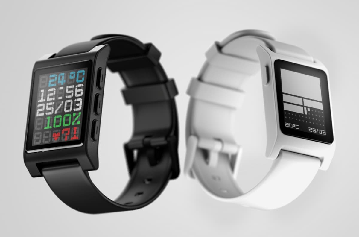 Black and white Pebble smartwatches displayed against a light gray background. One watch shows various data points.