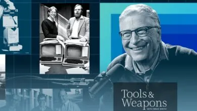 Bill Gates smiles during a podcast interview, with historical Microsoft images in the background.