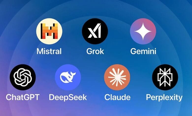 Logos for Mistral, Grok, Gemini, ChatGPT, DeepSeek, Claude, and Perplexity AI models on a blue gradient background.