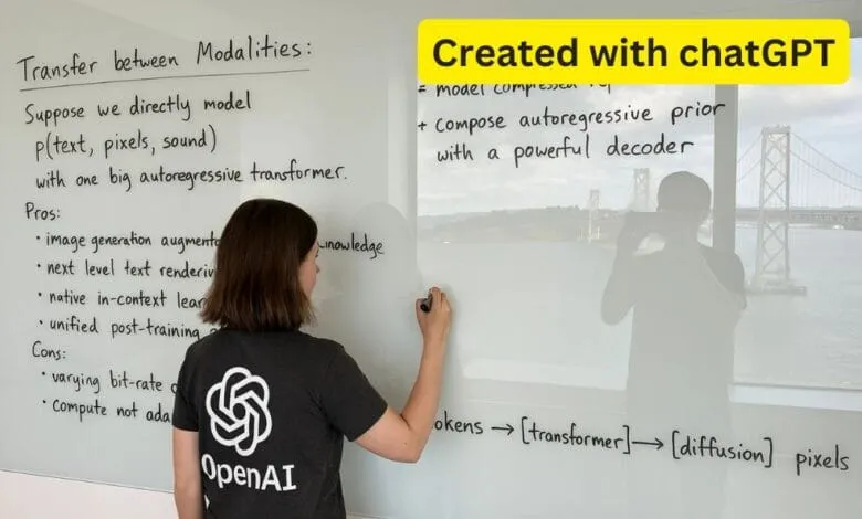Woman in OpenAI shirt writes on glass whiteboard with Bay Bridge view; notes discuss AI model transfer between modalities.