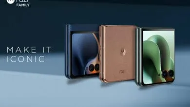Three Motorola Razr phones in navy, copper, and sage green are shown closed, highlighting their sleek design and various colors.