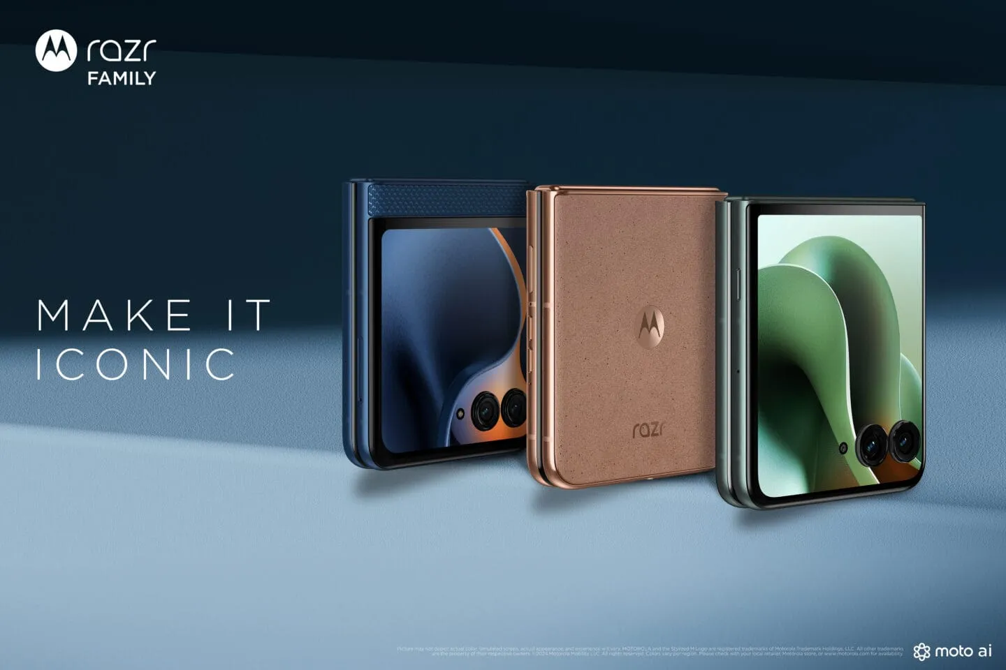 Three Motorola Razr phones in navy, copper, and sage green are shown closed, highlighting their sleek design and various colors.