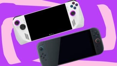 Two ASUS ROG Ally handheld gaming devices shown against a purple background. One is white, the other dark gray.