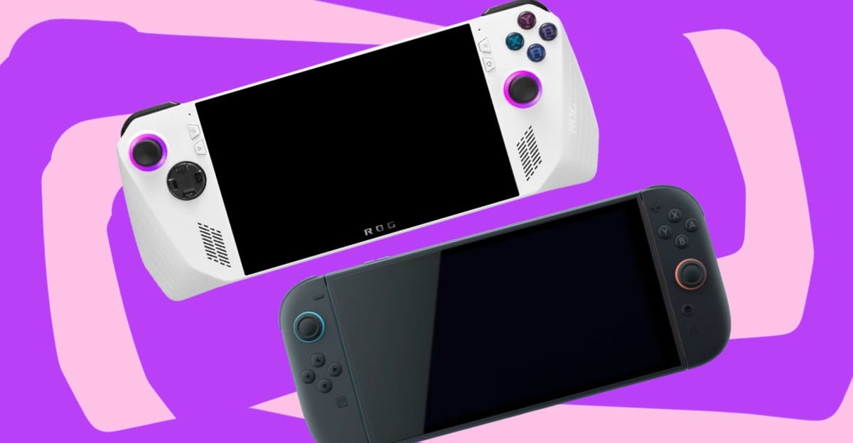 Two ASUS ROG Ally handheld gaming devices shown against a purple background. One is white, the other dark gray.