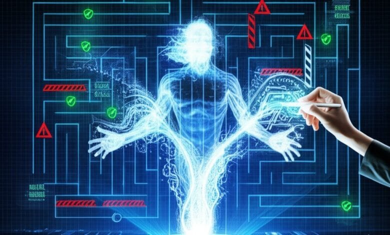 Abstract digital art depicts a glowing human form within a complex, neon-blue maze. Green checks mark safe paths, while red barriers indicate risks.