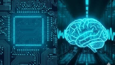 Abstract digital art depicting a circuit board and a glowing brain, symbolizing AI and neural networks.