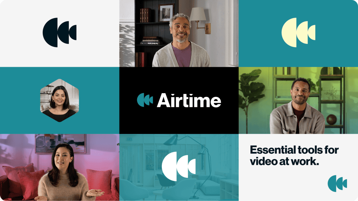 Airtime logo and diverse team in various settings showcasing video tools for work.