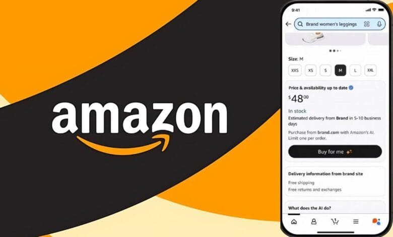 Amazon logo with a screenshot of the mobile app displaying the new AI shopping agent in action