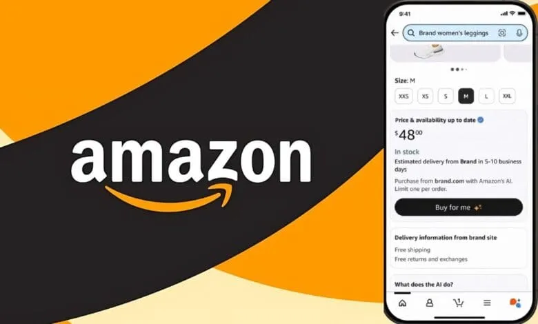 Amazon's AI shopping assistant on a phone screen purchases women's leggings for $48; the Amazon logo is prominently displayed.