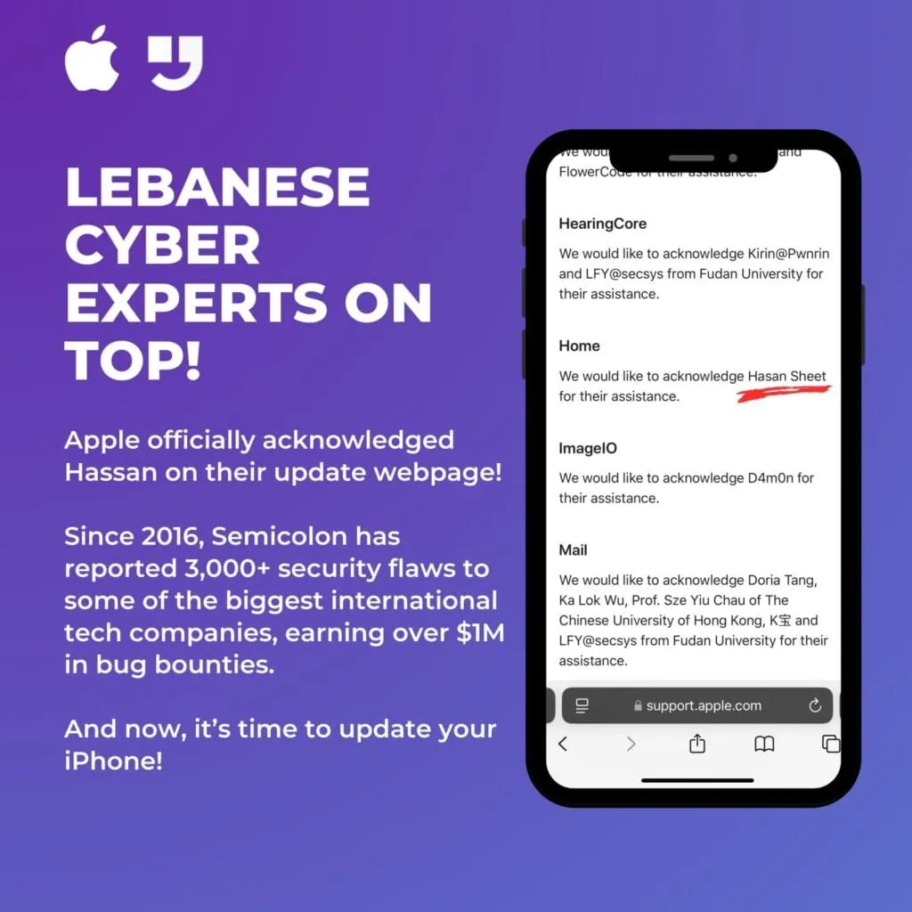 SemiColon Academy posted about Apple officially acknowledged Hasan's efforts on their update page with a screenshot on an IPhone 's screen displaying the update info