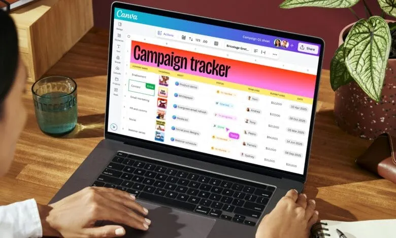 Person using Canva on laptop to manage a marketing campaign. A colorful spreadsheet displays tasks, team members, and budgets.