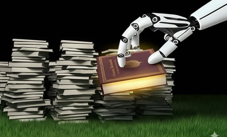 A robotic hand carefully places a glowing book onto a pile of books, symbolizing AI prioritizing quality content over quantity.