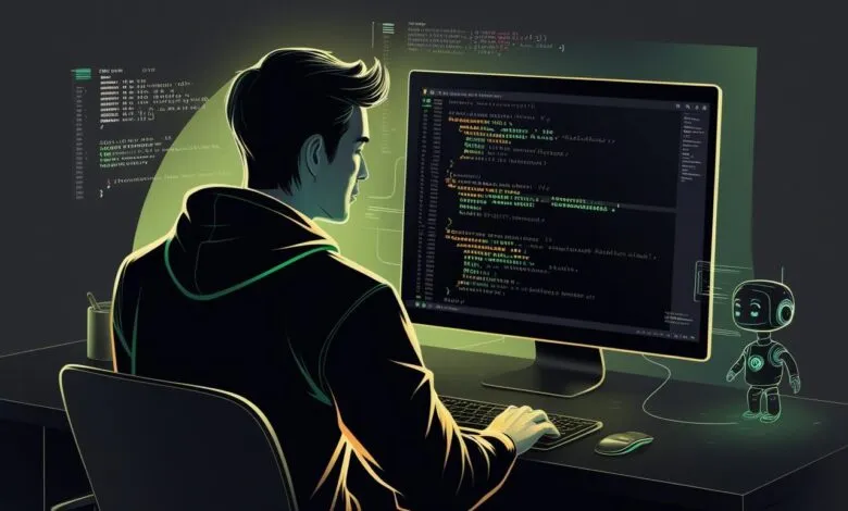 Stylized illustration of a developer coding late at night, illuminated by their computer screen displaying code. A small AI assistant is nearby.