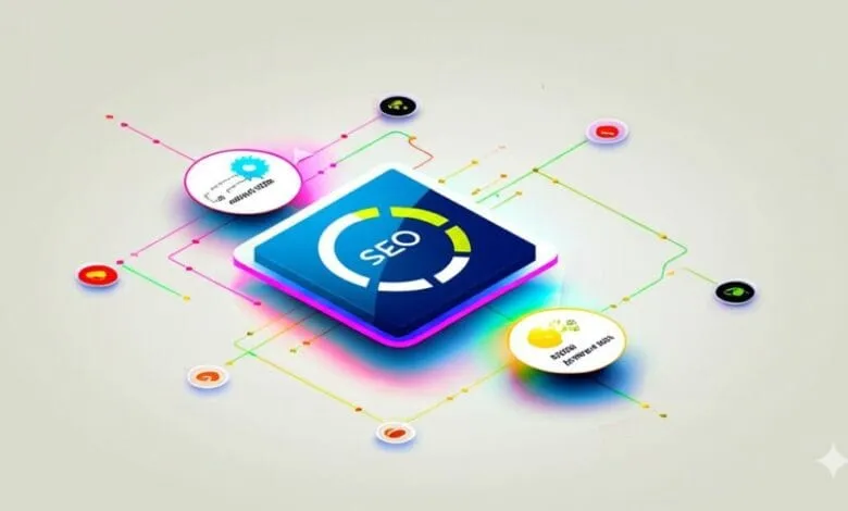 Abstract illustration of SEO strategy, showing interconnected elements like content marketing and keyword research contributing to a central SEO hub.