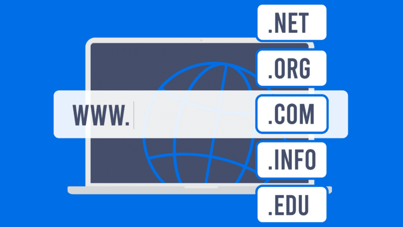 Laptop screen displays 'www.' in address bar, alongside common domain extensions (.com, .org, .net, .edu, .info) on a blue background.
