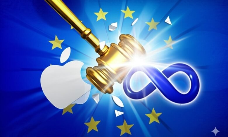 A golden gavel shatters Apple and Meta logos displayed against a blue EU flag, symbolizing regulatory action against tech giants.