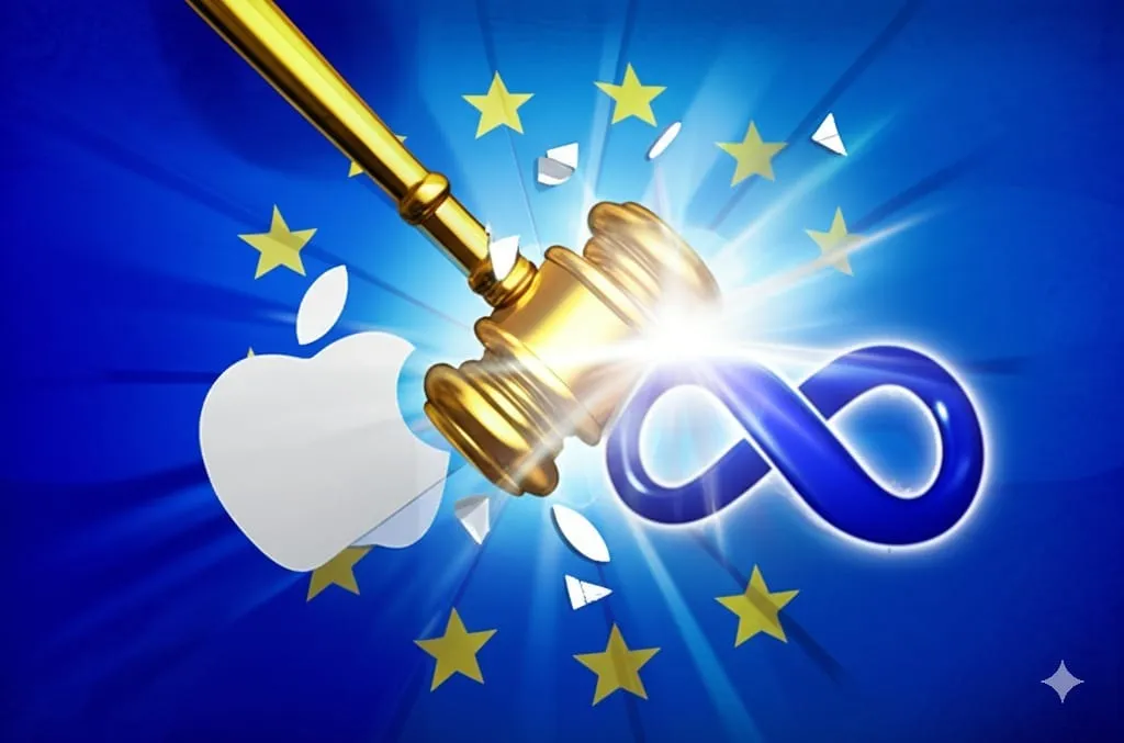 A golden gavel shatters Apple and Meta logos displayed against a blue EU flag, symbolizing regulatory action against tech giants.