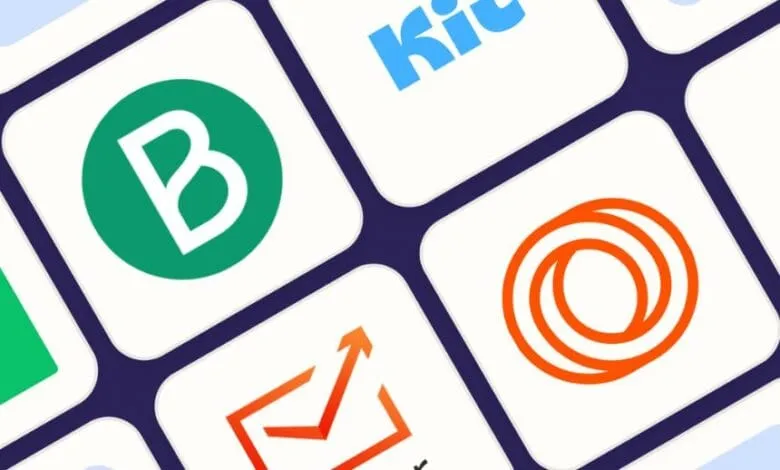 A grid displays various email marketing platform logos, including MailerLite, Kit, and others, in a vibrant color scheme.