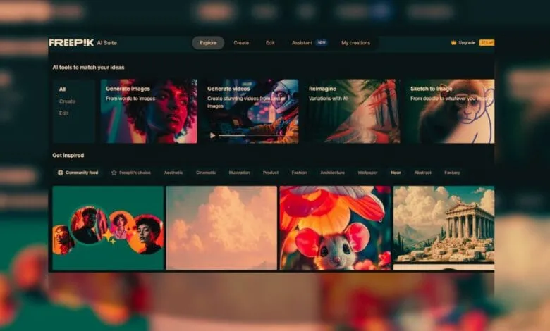 Freepik AI Suite interface showing image and video generation tools.