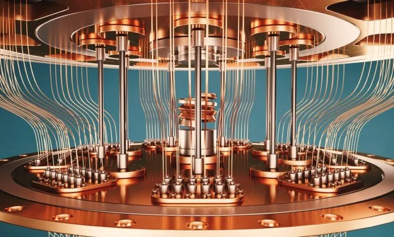 Close-up of a complex copper-toned quantum computer, showcasing intricate wiring and components against a teal background.