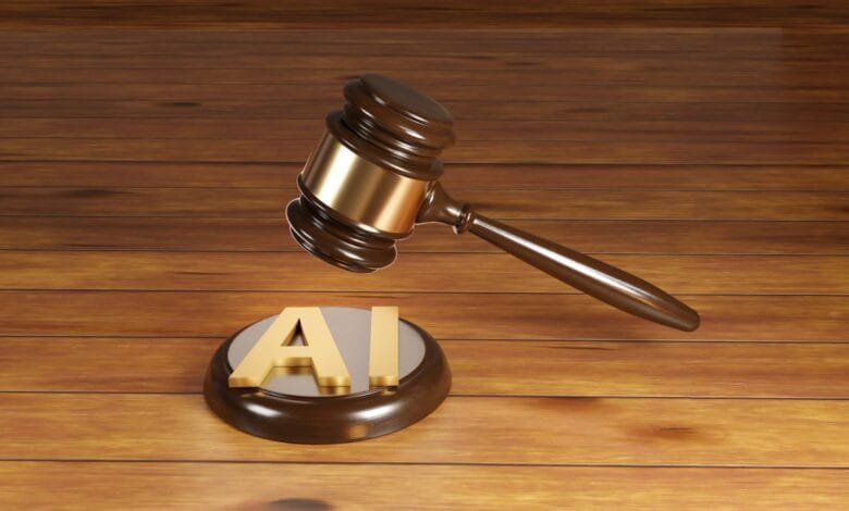 A judge's gavel hovers above a golden 'AI' on a wooden sound block, suggesting legal considerations surrounding artificial intelligence.