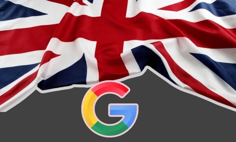 A stylized image of the UK flag draped over the Google logo, symbolizing Google's presence in the UK.