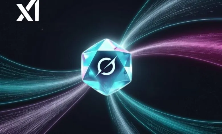 Abstract digital art: glowing crystal orb at center, teal & purple light streams radiate outwards, symbolizing AI memory & data flow.