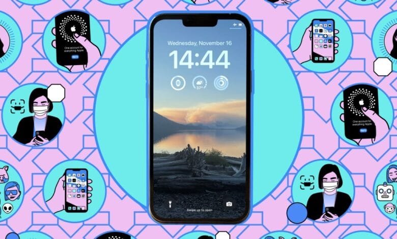 Stylized iPhone 14 lock screen shows a scenic sunset; pastel icons of people using Apple devices surround it.