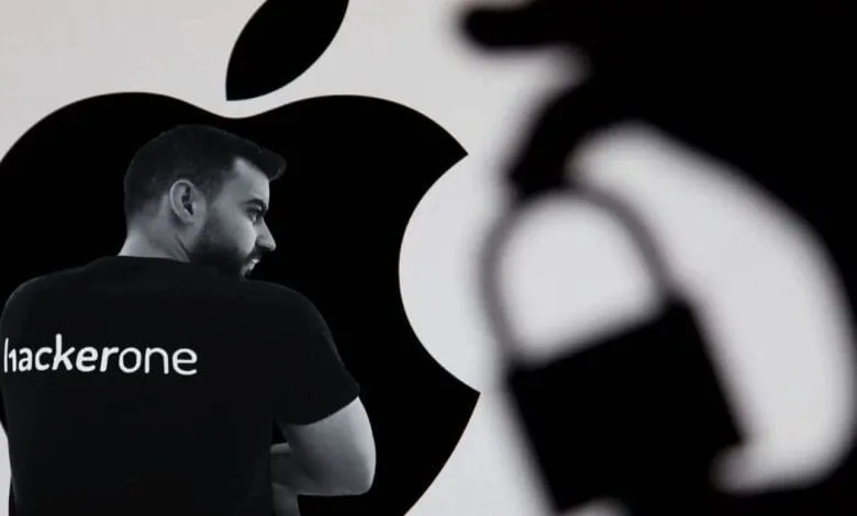 Hasan Sheikh, a HackerOne security researcher, stands before a blurred Apple logo and padlock, symbolizing Apple's security.