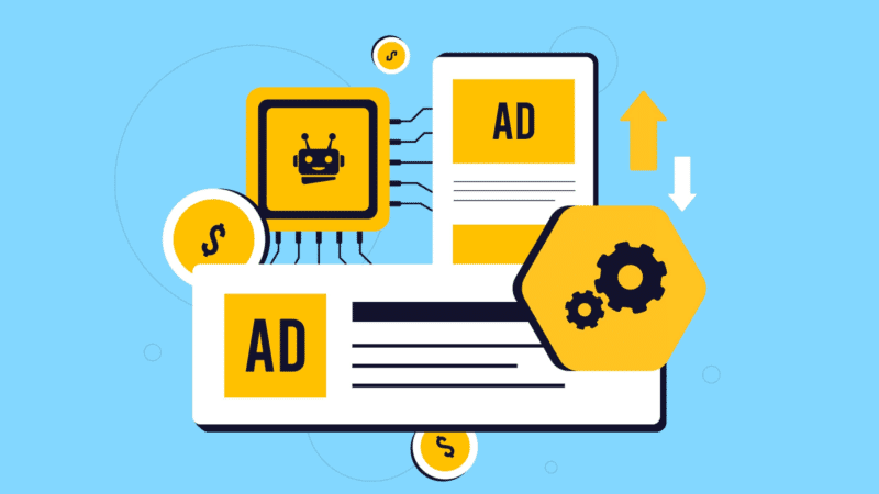Abstract illustration of AI-powered ad automation: robot, gears, and ad creatives, suggesting efficient ad campaign management.