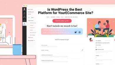 A webpage asks if WordPress is the best eCommerce platform. Illustrations show a website interface and people collaborating.