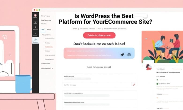 A webpage asks if WordPress is the best eCommerce platform. Illustrations show a website interface and people collaborating.