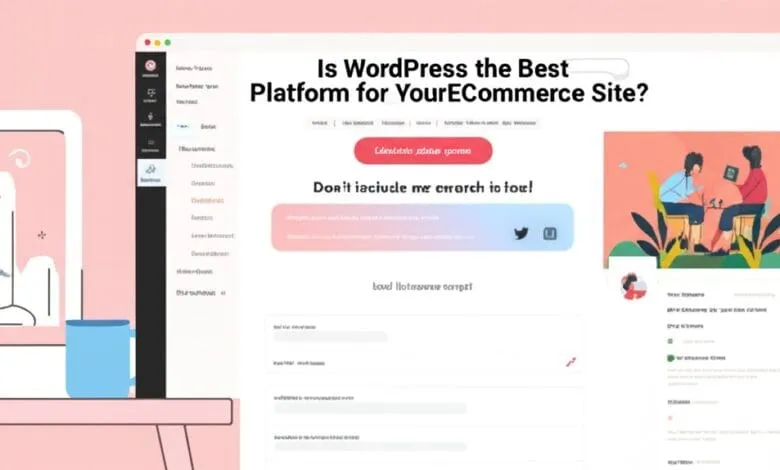 A webpage asks if WordPress is the best eCommerce platform. Illustrations show a website interface and people collaborating.