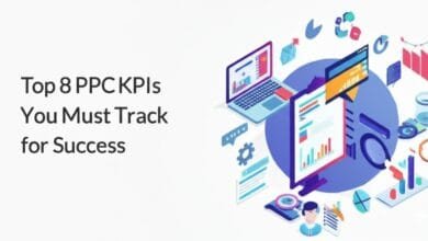 Isometric illustration of key performance indicators (KPIs) for successful Pay-Per-Click (PPC) advertising.