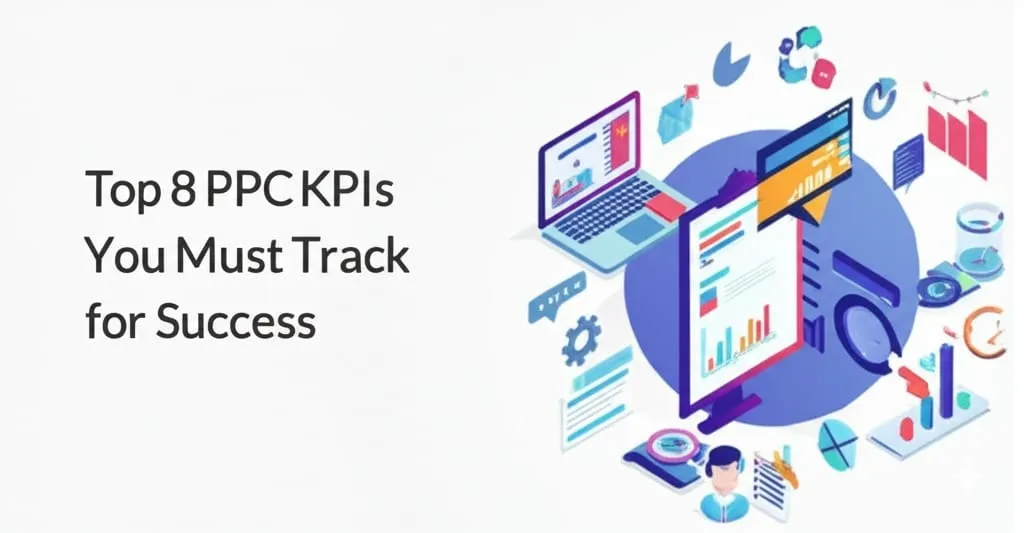 Isometric illustration of key performance indicators (KPIs) for successful Pay-Per-Click (PPC) advertising.