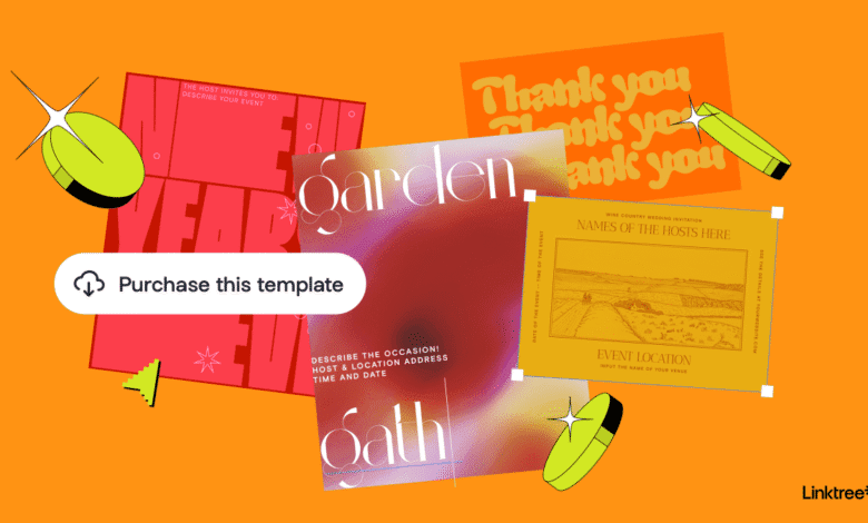 Colorful event invitation templates displayed on an orange background. Downloadable templates for various occasions are shown.
