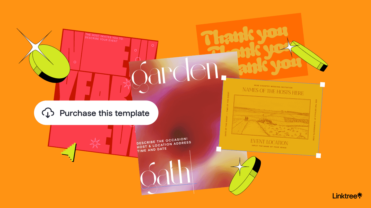Colorful event invitation templates displayed on an orange background. Downloadable templates for various occasions are shown.