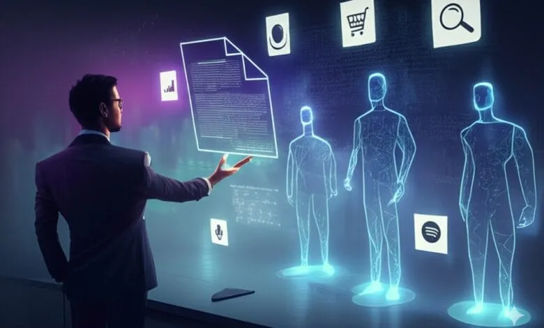 Businessman interacts with holographic customer data, showing profiles and marketing icons in a futuristic interface.