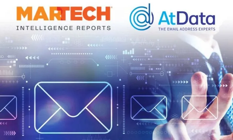 Email marketing data visualization with Martech Intelligence Reports and AtData logos. A person interacts with email icons on a digital interface.
