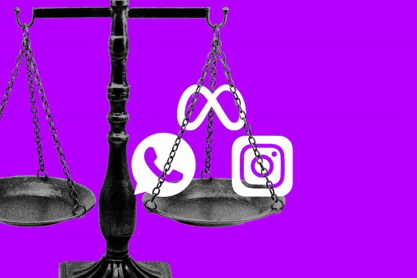 Scales of justice tipped down by Meta, Instagram, and WhatsApp logos on a purple background.
