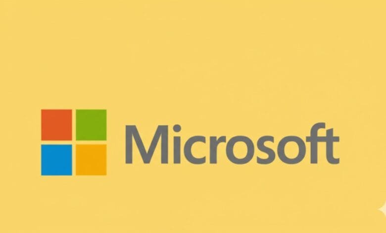 Microsoft logo: four colorful squares and the word 'Microsoft' in gray on a yellow background.