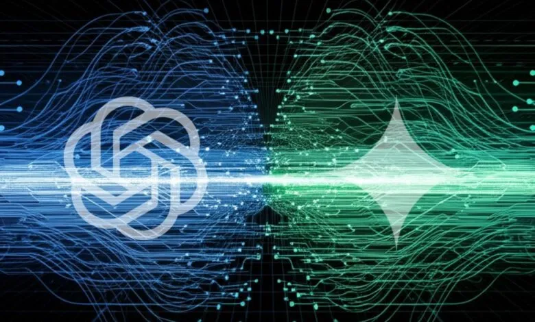 OpenAI and Google Gemini AI logos are displayed on a network background, symbolizing the interconnectedness of AI development.