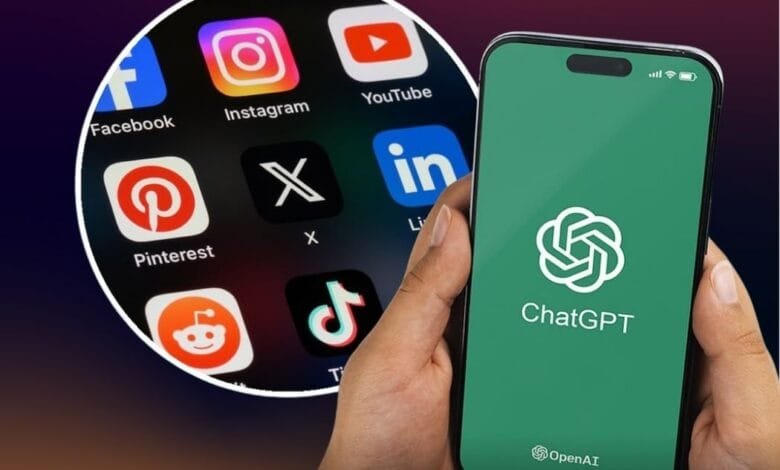 Smartphone displays ChatGPT app against blurred social media icons, highlighting AI's integration into online platforms.
