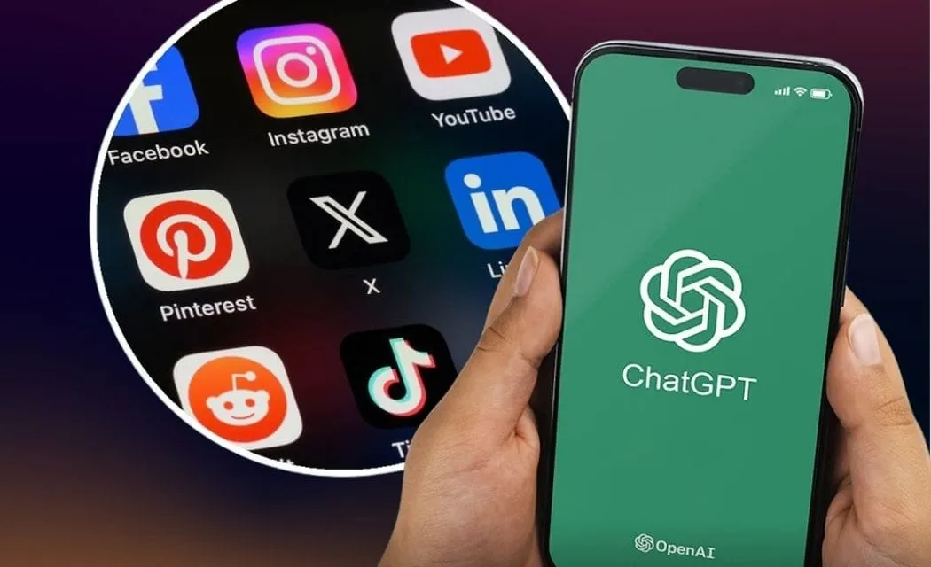 Smartphone displays ChatGPT app against blurred social media icons, highlighting AI's integration into online platforms.